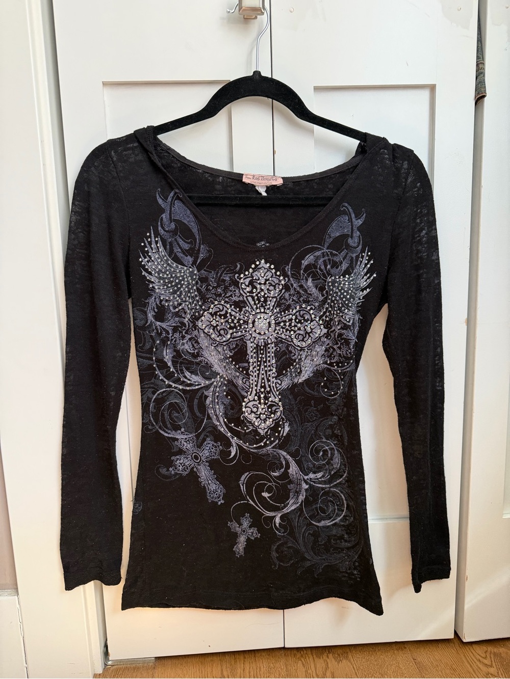 Los Angeles Apparel Black Long-Sleeve Tee with Ornate Cross and Wing Graphic